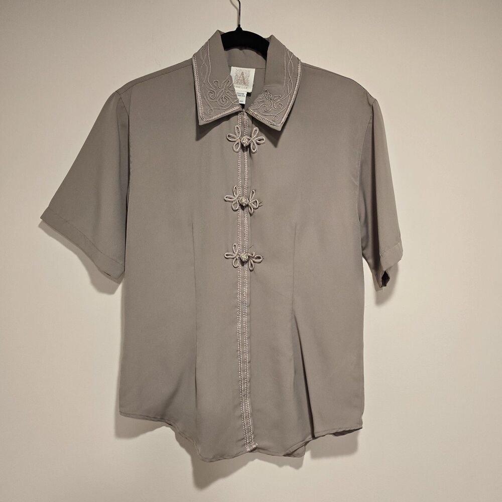True Vintage 80s Blouse Womens 6 Embellished Button Up Secretary Short Sleeve